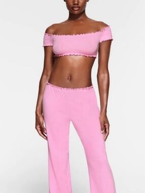 SKIMS Pointelle Logo Crop Top Iris Bubble Gum Pink 2X NWT